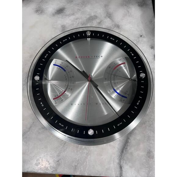 Modern Tech Wall Clock Weather Station Temp Humidity Brushed Aluminum 12” - Picture 1 of 10